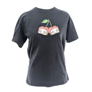 Betty Boop Retro Cherries Cartoon Black Graphic Crewneck T-Shirt Size Large